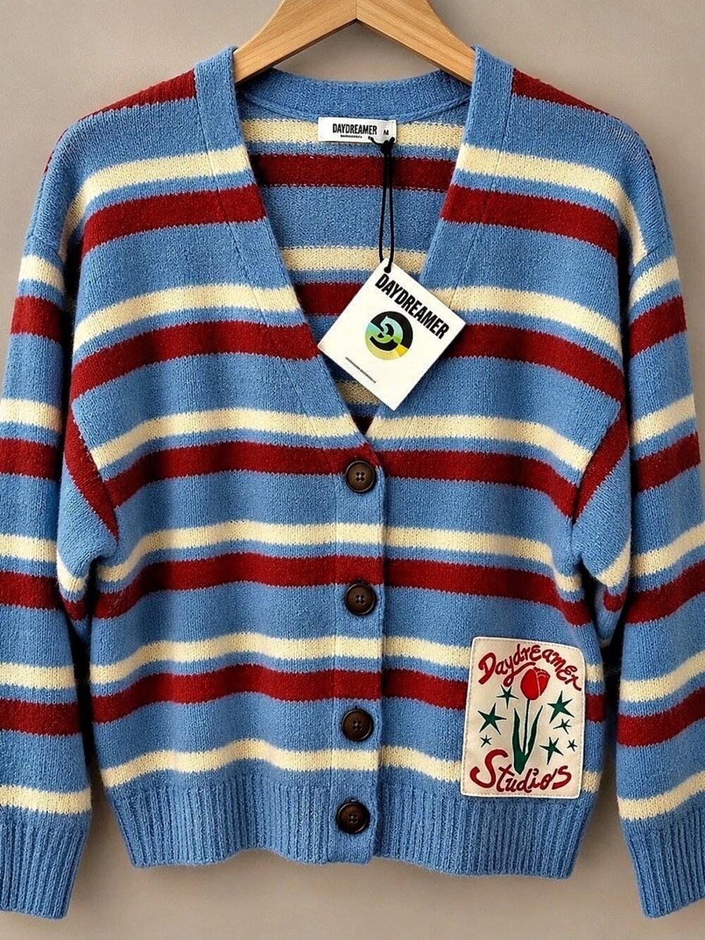 Daydreamer Studios Striped Tulip Patch Cardigan Sweater NWT, Size L